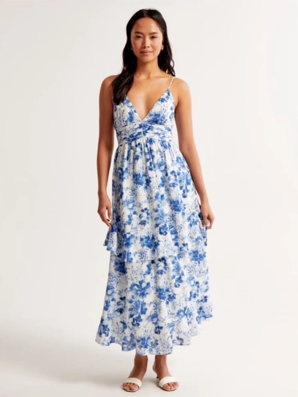Blue Floral Tiered Maxi Dress with Spaghetti Straps